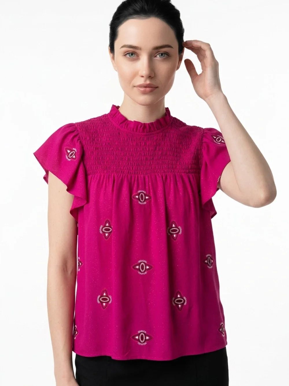 MARIE OLIVER | 100% Silk Fuchsia Embroidered Ruffle-Sleeve Top Women’s Size XS
